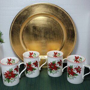 Rare Vintage Crown Trent Fine Bone China Poinsettia Mugs
